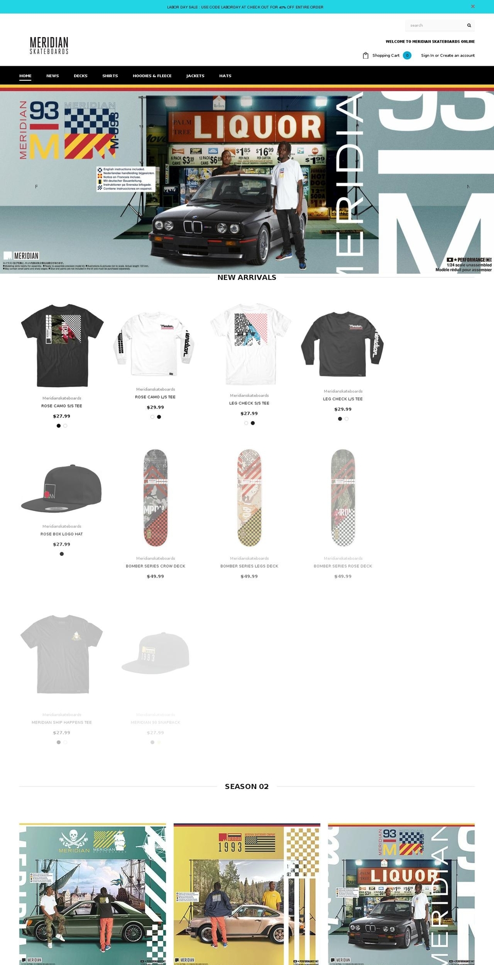 meridianskateboarding.com — Shopify storefront screenshot