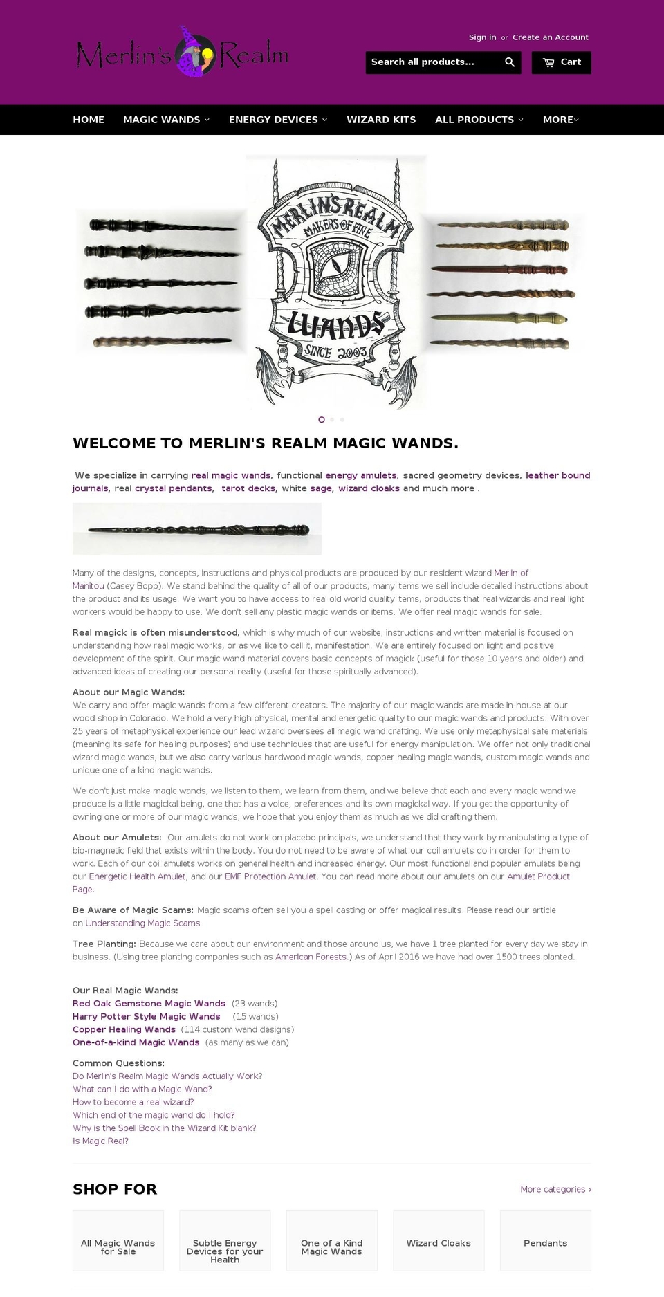 merlins-realm-magic-wands.com shopify website screenshot