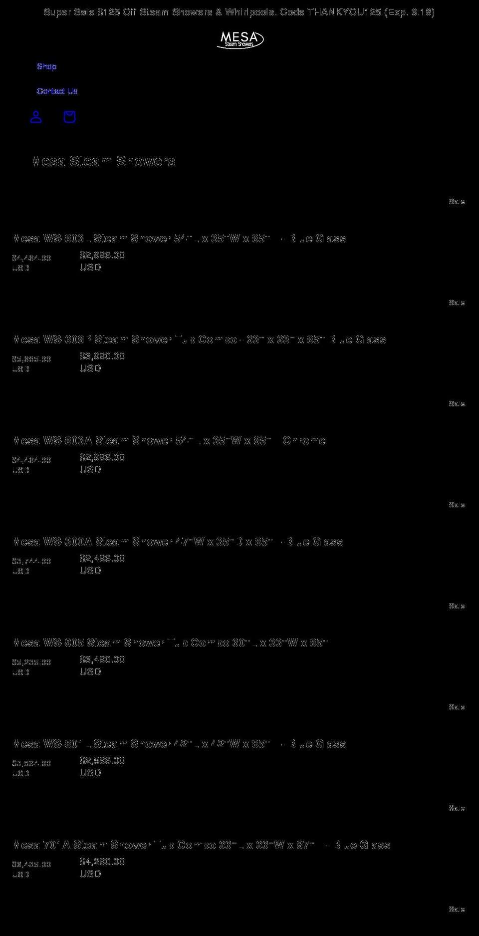 mesasteamshowers.com shopify website screenshot