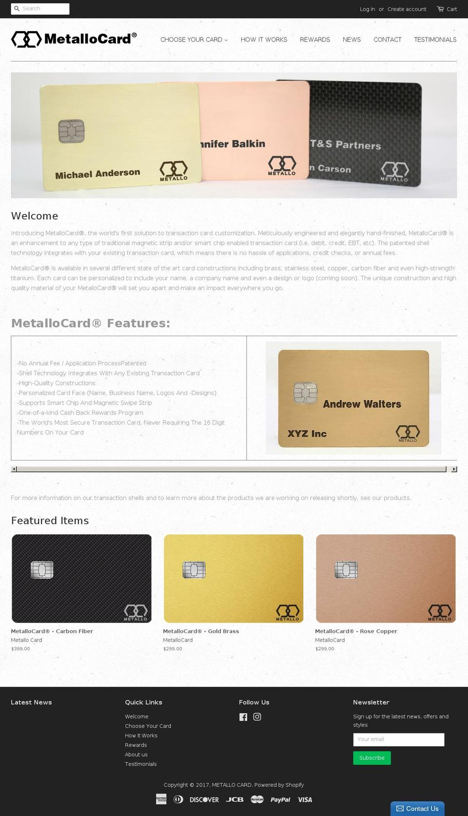 metallocard.com shopify website screenshot