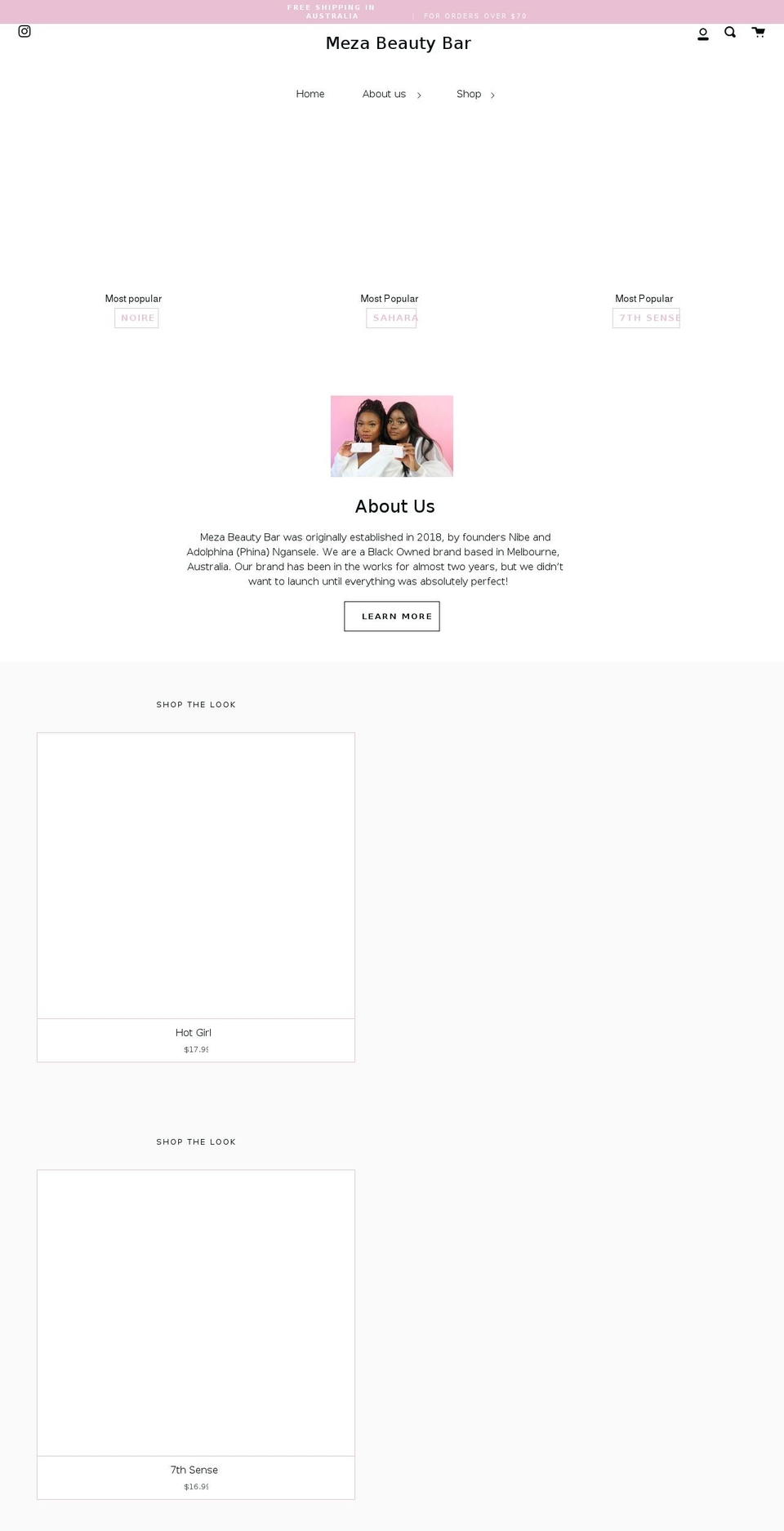 mezabeautybar.com.au shopify website screenshot
