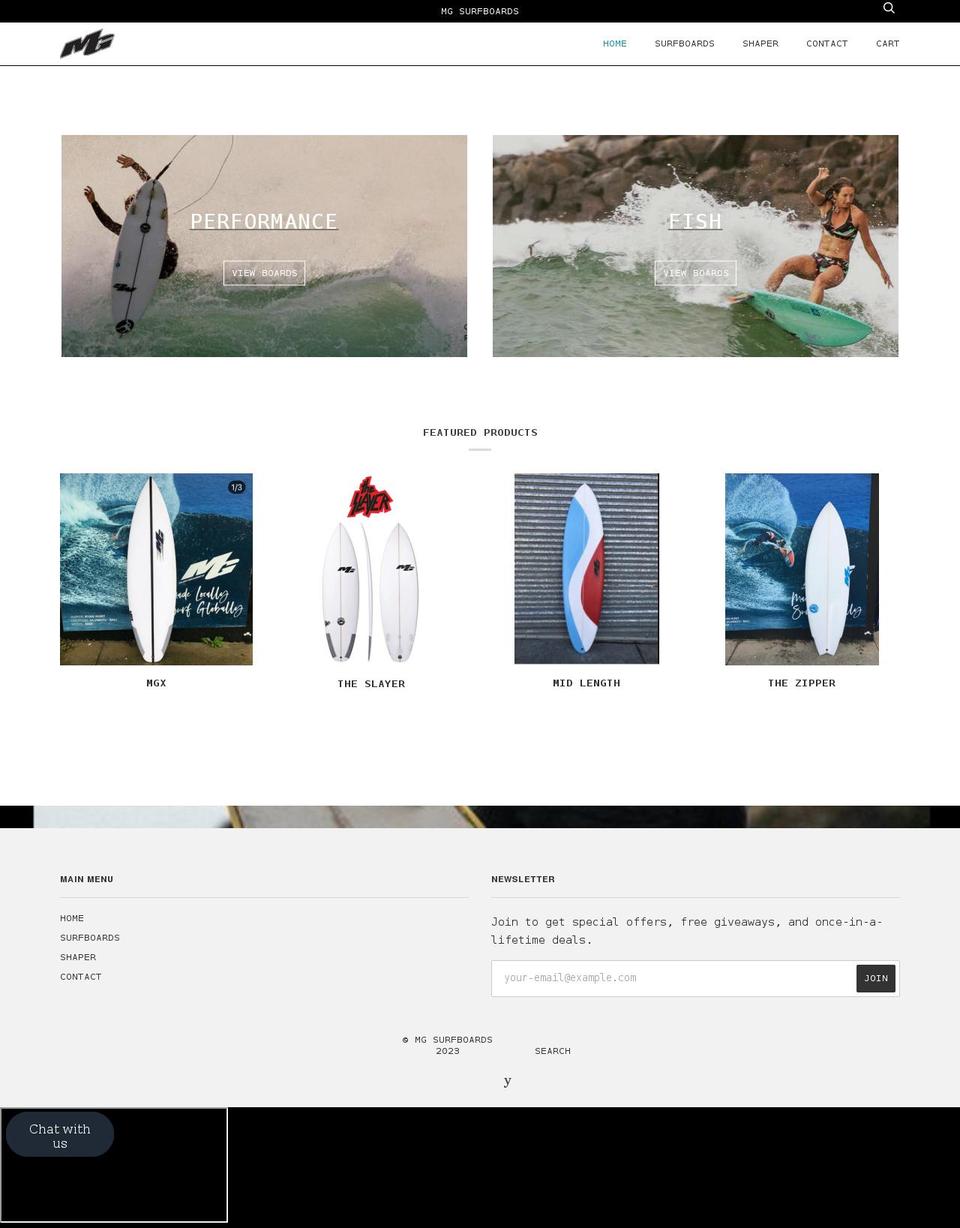 mgsurfboards.com shopify website screenshot