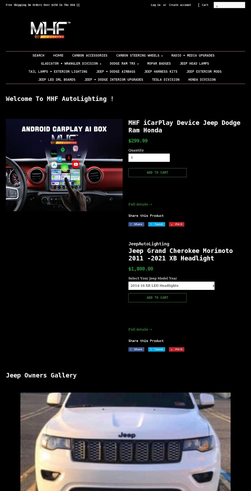mhfautolighting.com shopify website screenshot