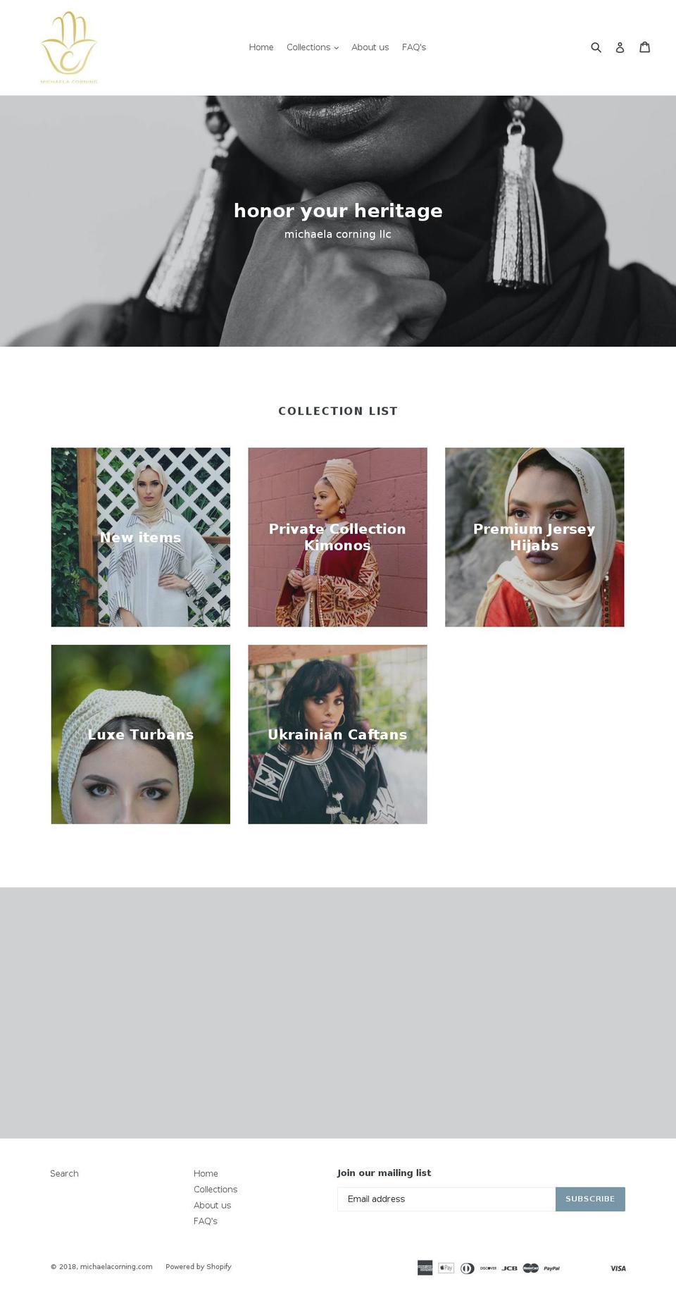 michaelacorning.com — Shopify storefront screenshot