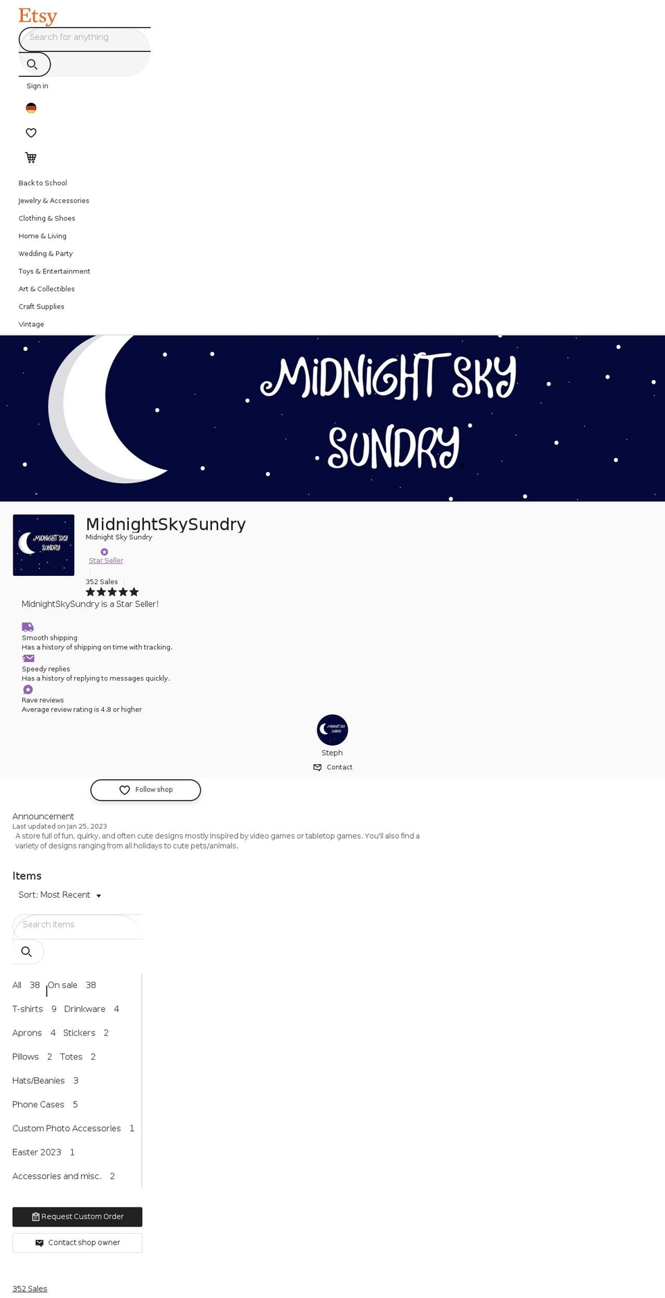 midnightskysundry.com shopify website screenshot