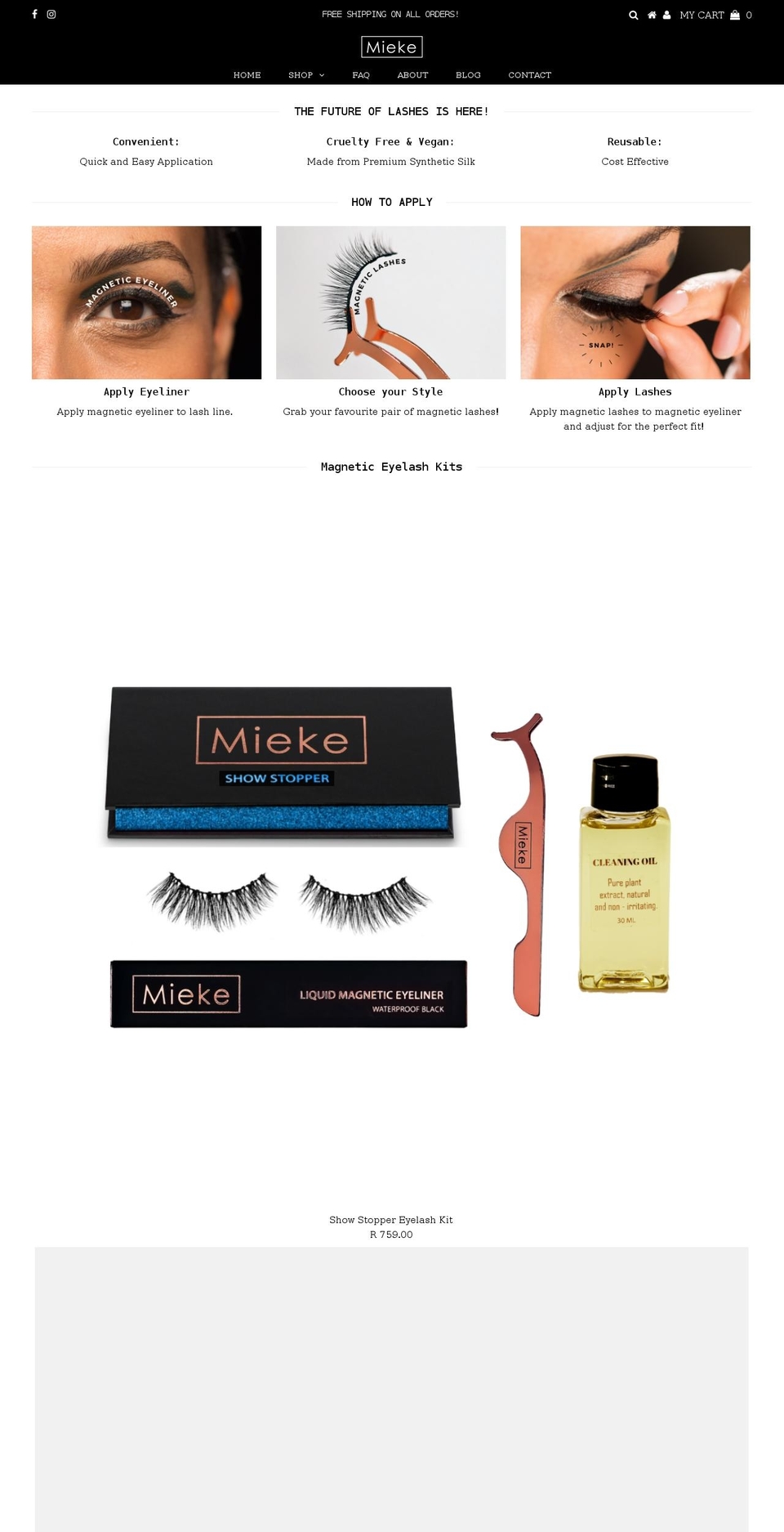 miekelashes.co.za shopify website screenshot