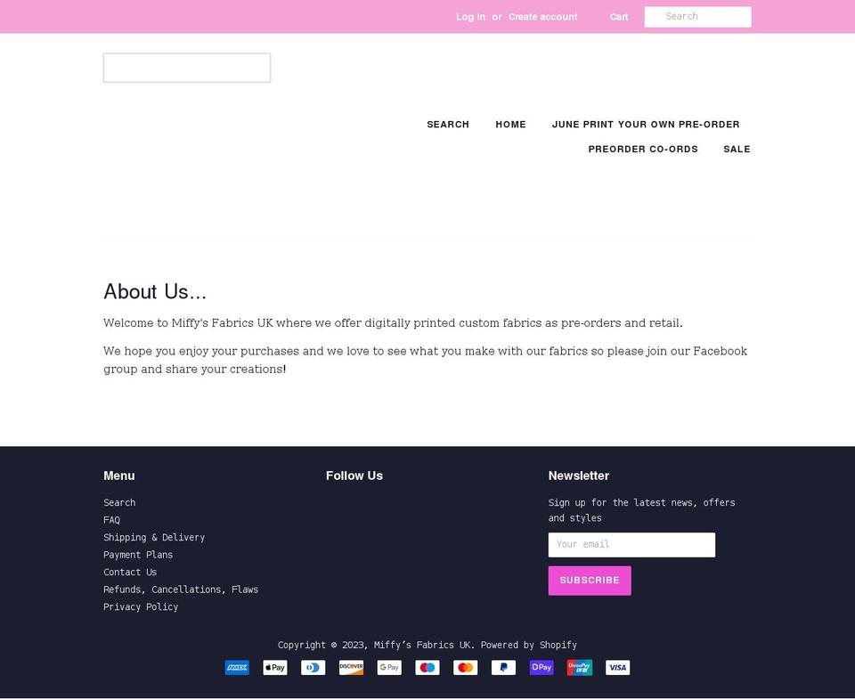 miffysfabrics.co.uk shopify website screenshot