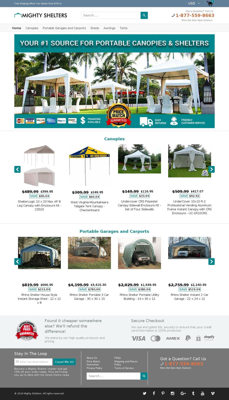 mightyshelters.com — Shopify storefront screenshot