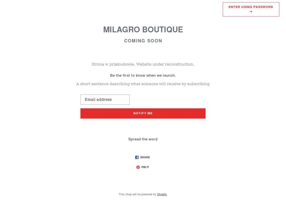 milagro-boutique.com shopify website screenshot