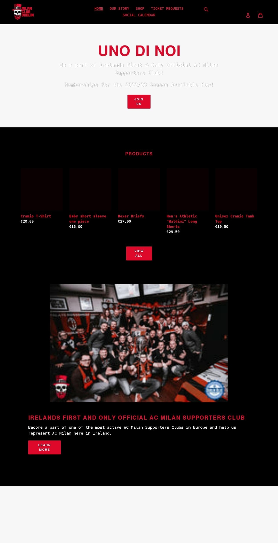 milanclubdublin.com shopify website screenshot