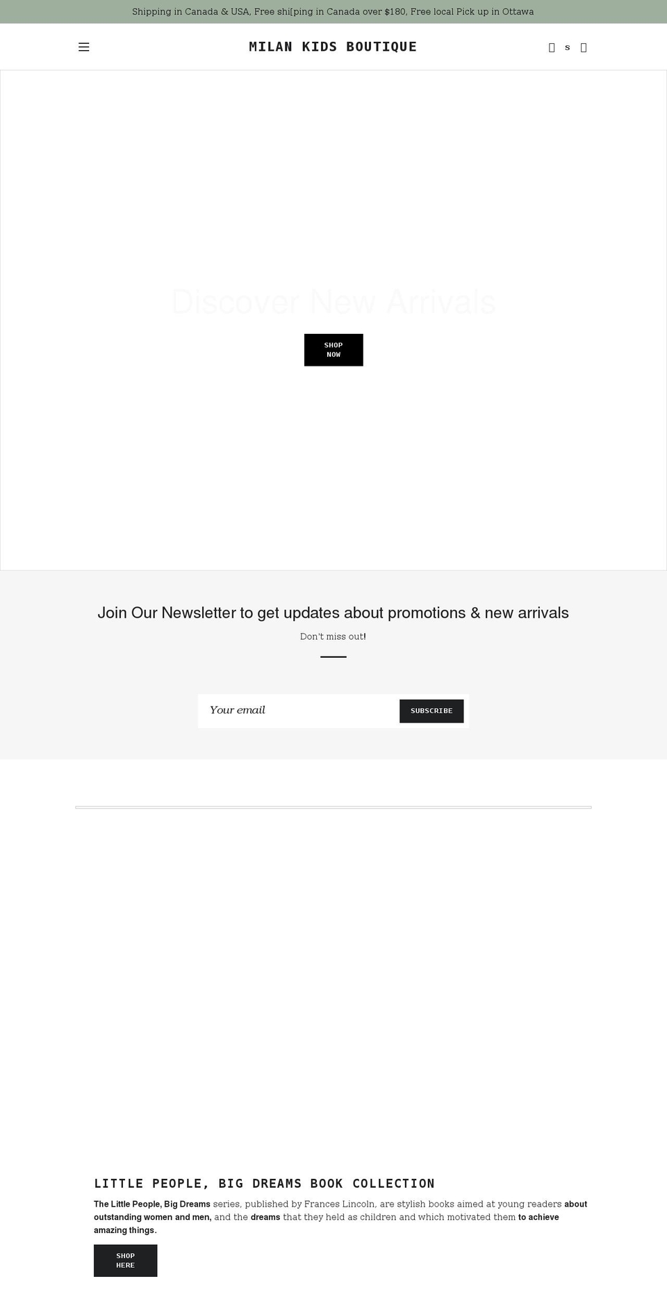 milankidsbt.com shopify website screenshot