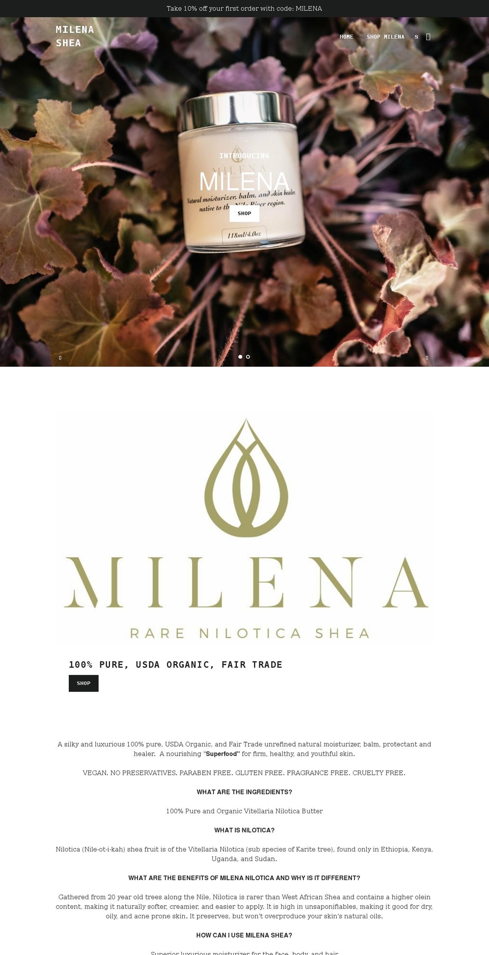 milenashea.com shopify website screenshot