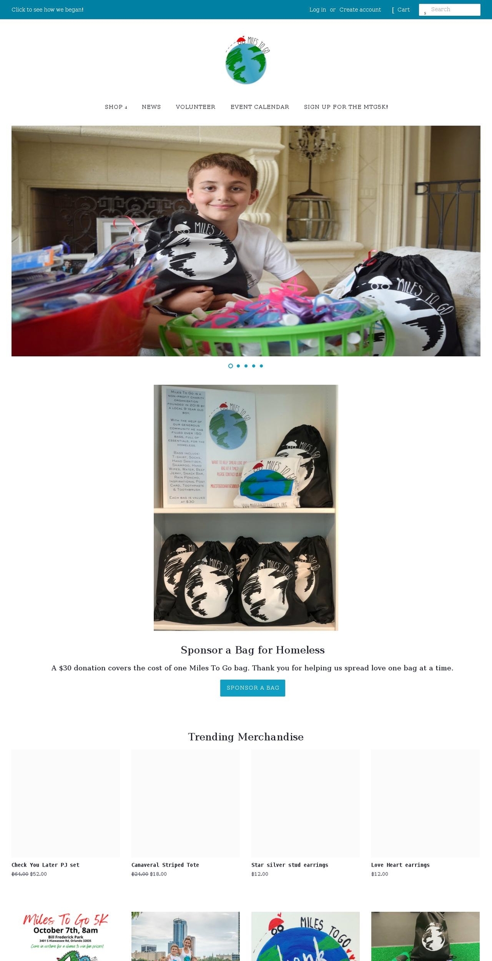 milestogocharities.org shopify website screenshot