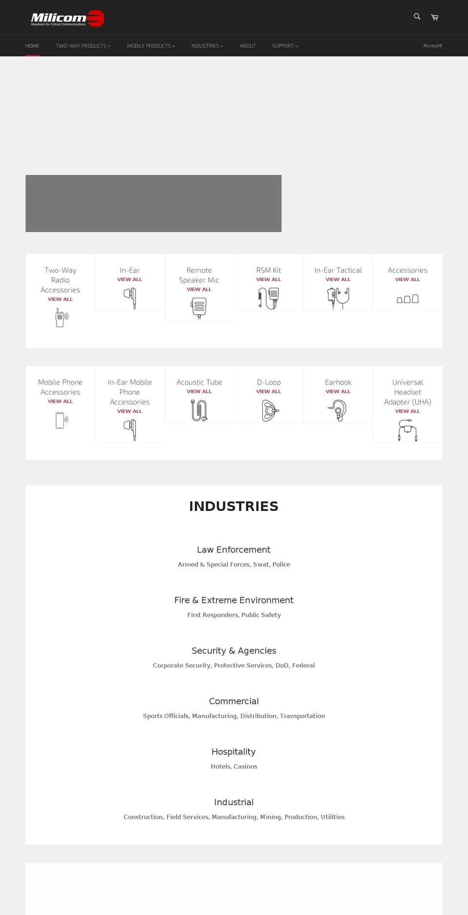 milicomheadsets.com shopify website screenshot