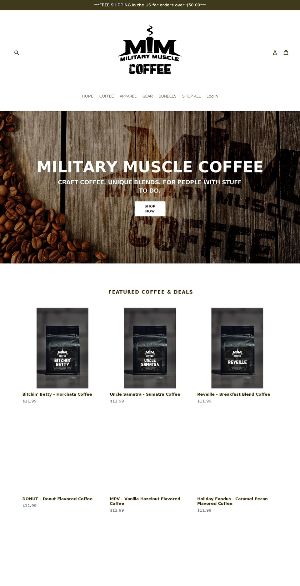 militarymusclecoffee.com — Shopify storefront screenshot