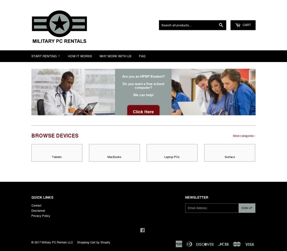 militarypcrentals.com shopify website screenshot