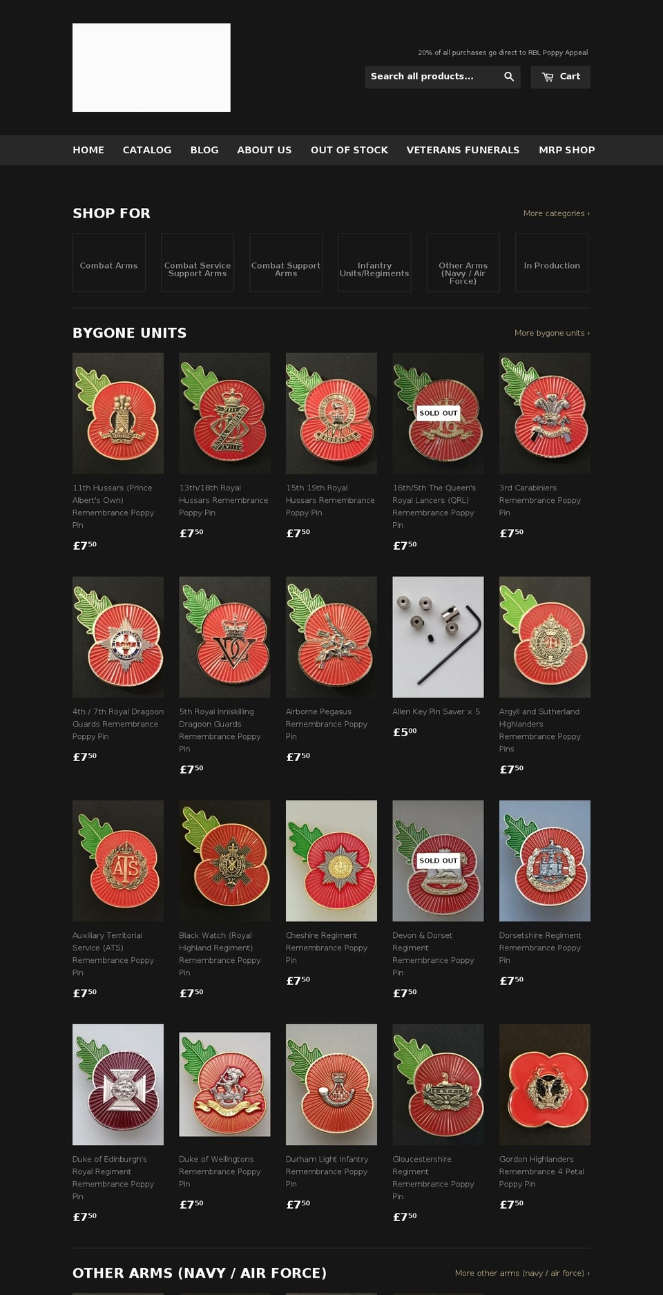 militaryremembrancepins.com shopify website screenshot