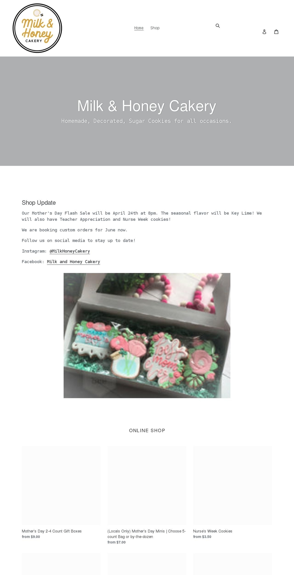 milkandhoneycakery.com shopify website screenshot