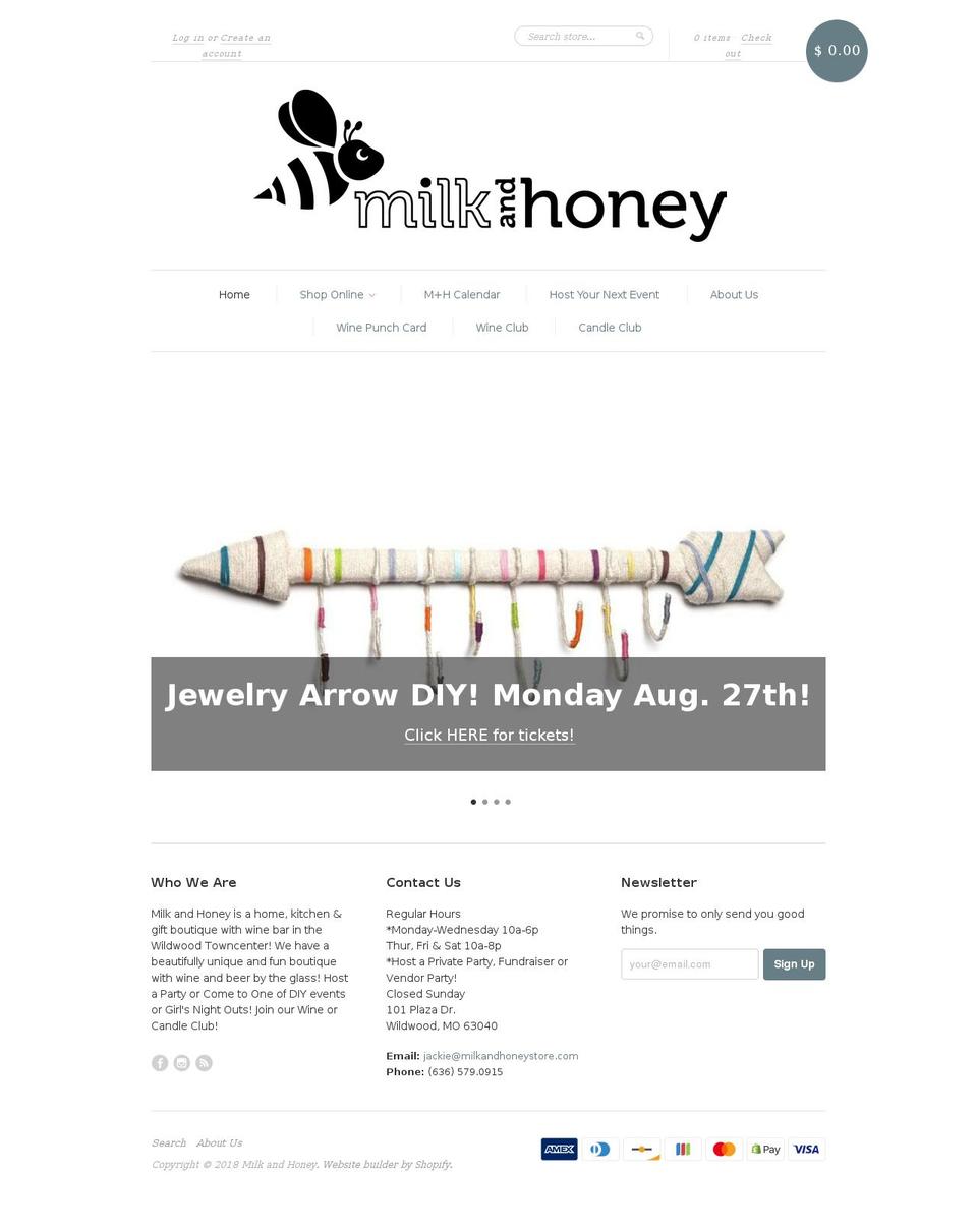 milkandhoneystore.com shopify website screenshot