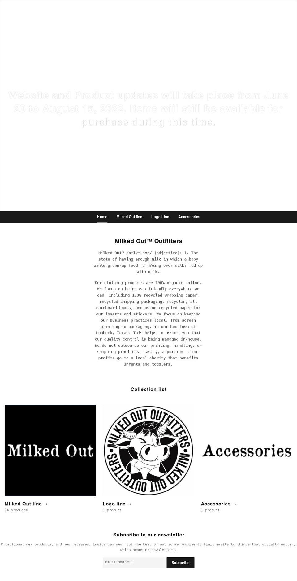 milkedoutoutfitters.com shopify website screenshot