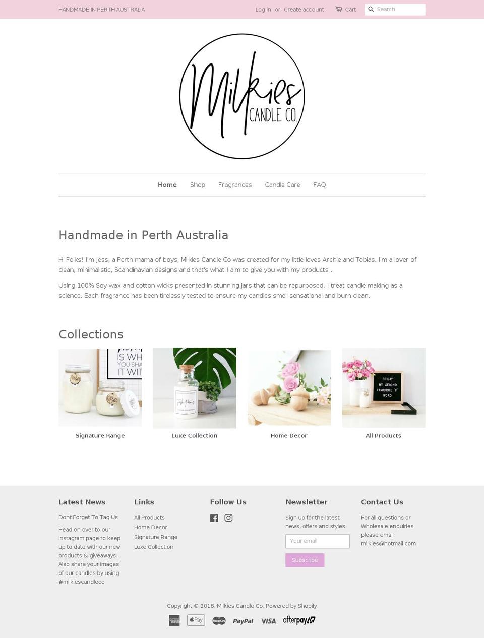 milkiescandleco.com — Shopify storefront screenshot