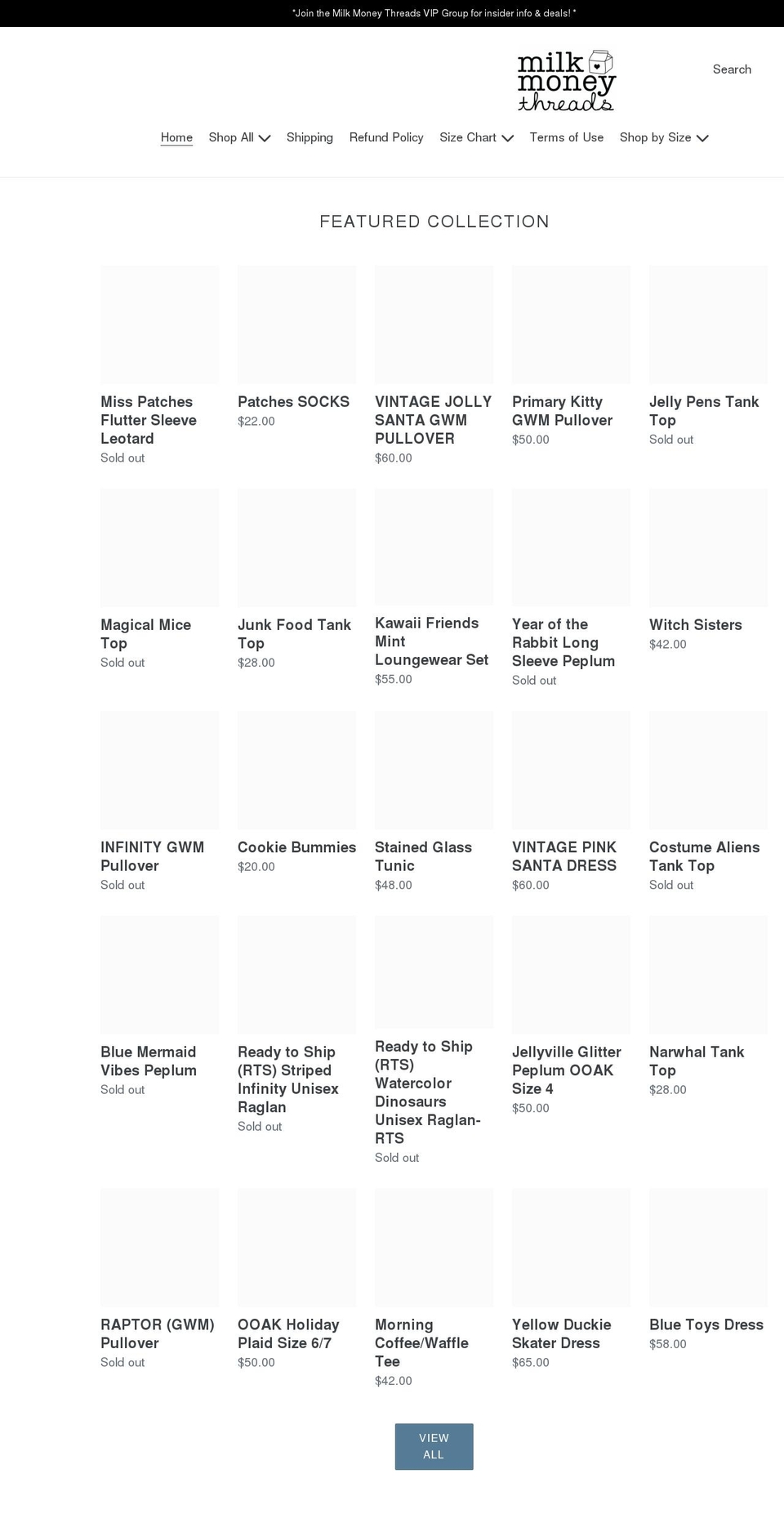 milkmoneythreads.com shopify website screenshot