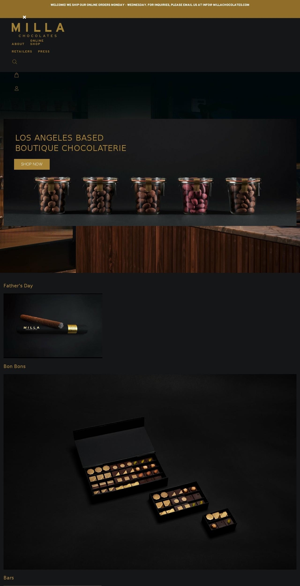 millachocolates.com shopify website screenshot