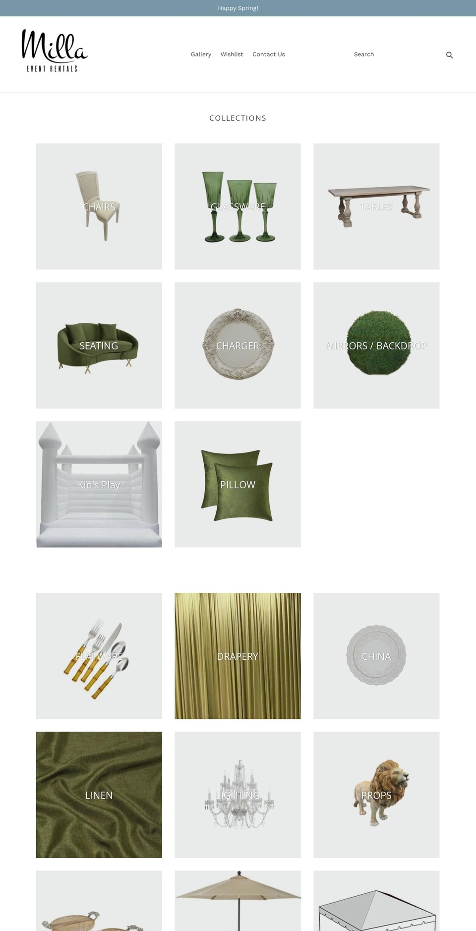millaeventrentals.com shopify website screenshot