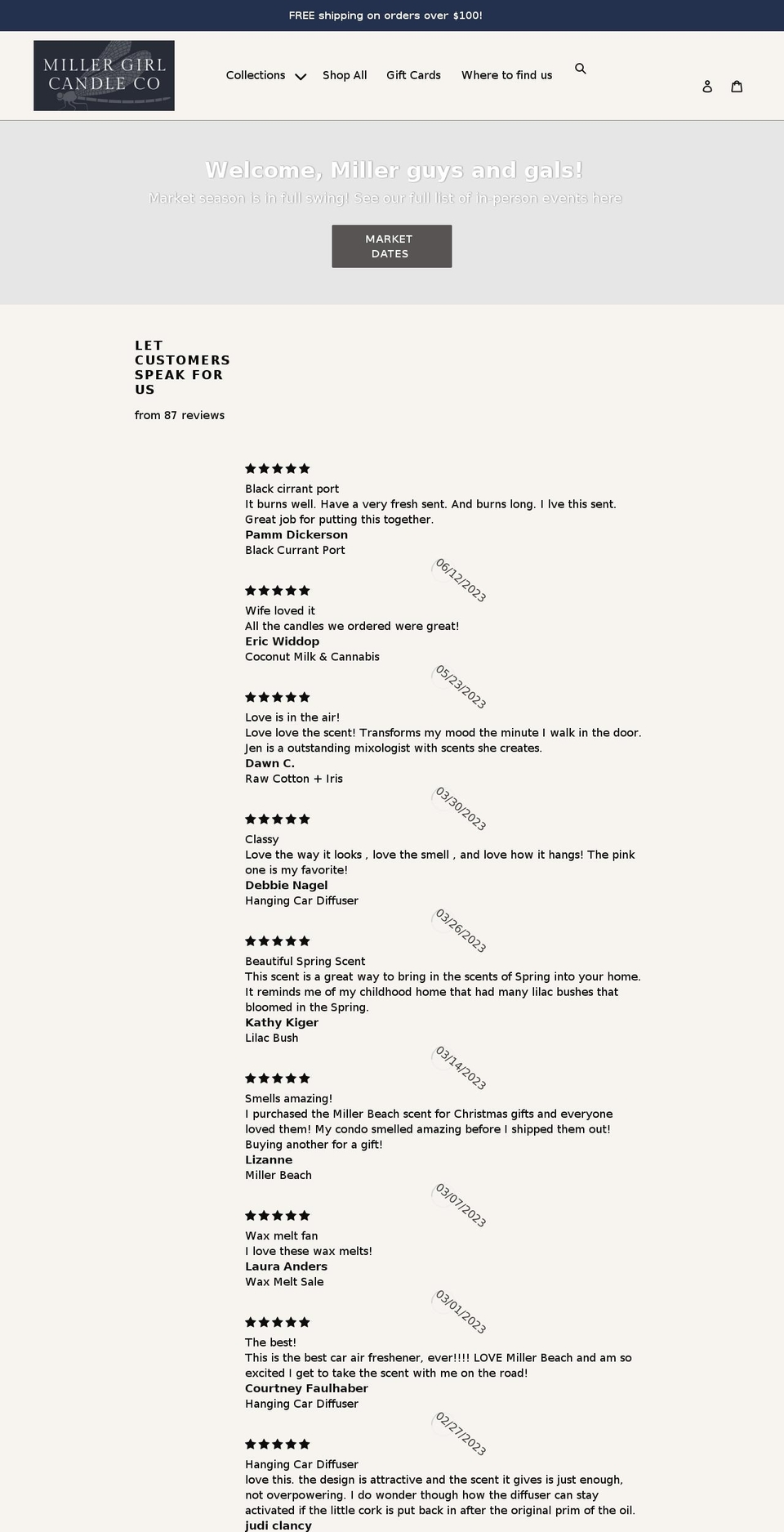 millergirlcandleco.com shopify website screenshot