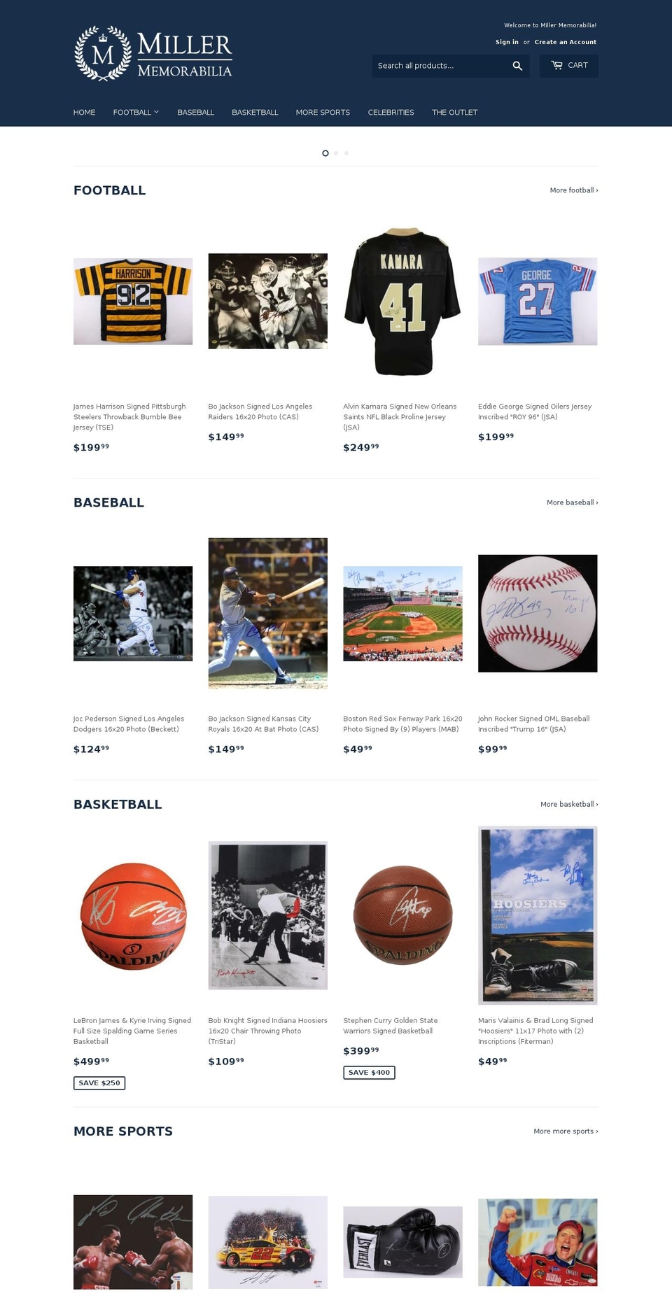 millermemorabilia.com — Shopify storefront screenshot