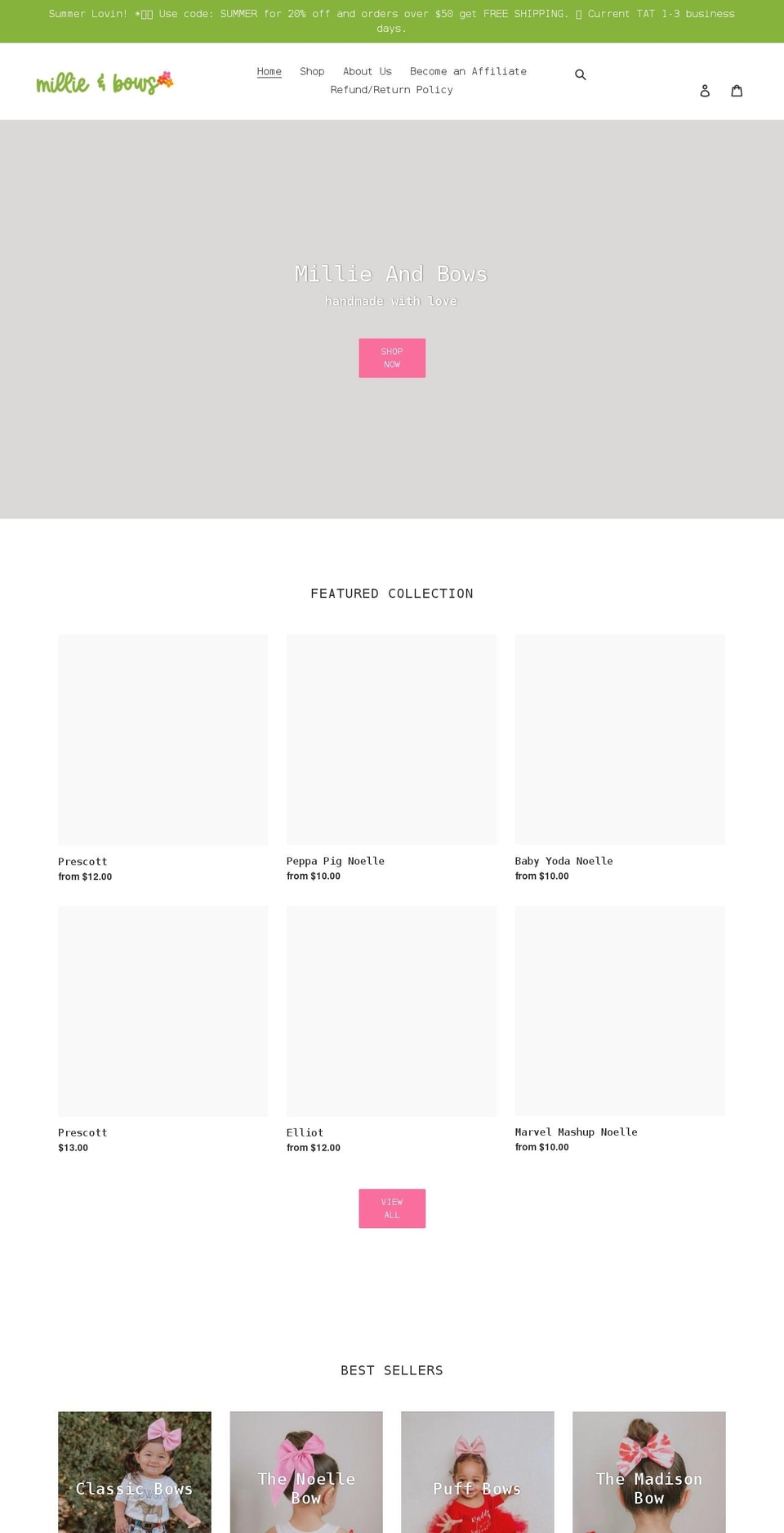 millieandbows.com shopify website screenshot