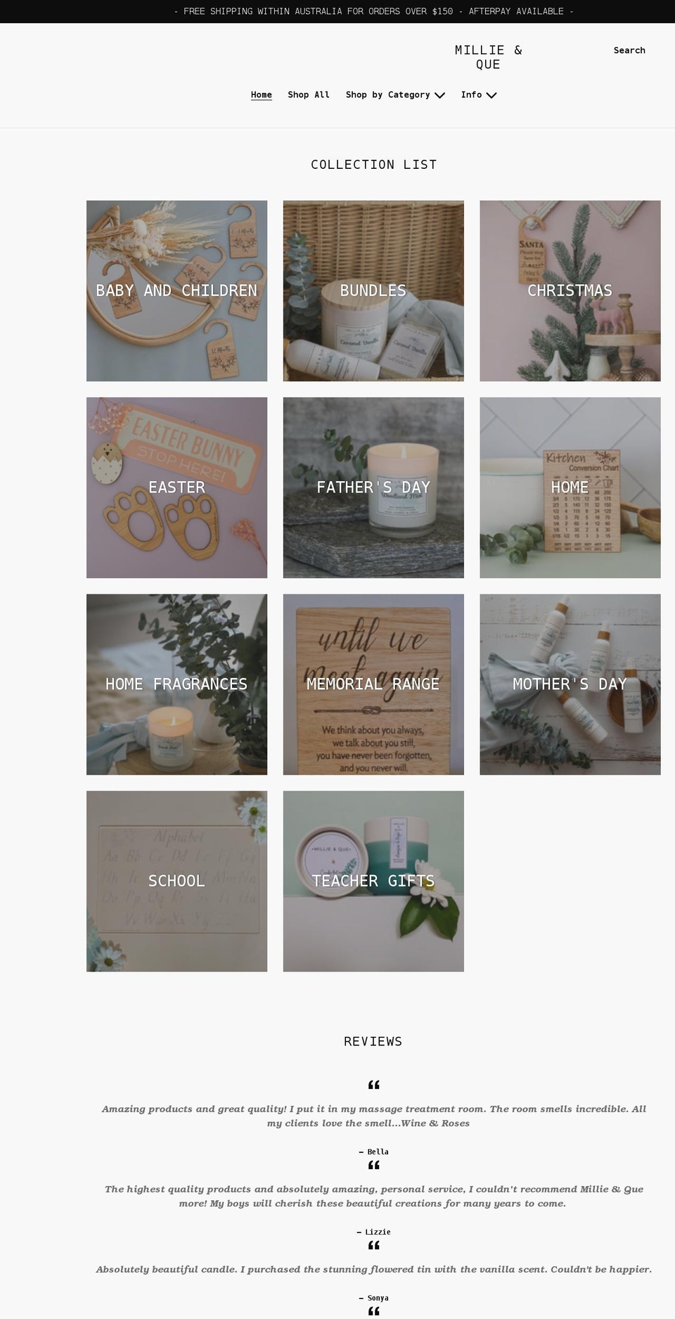 millieandque.com.au shopify website screenshot