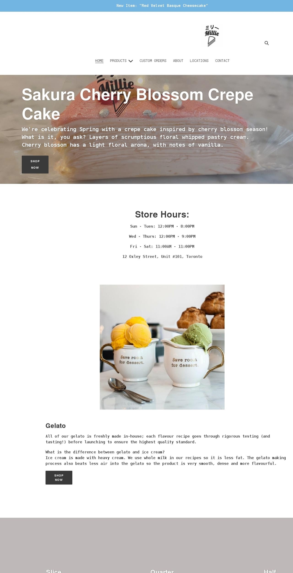 milliedesserts.com shopify website screenshot