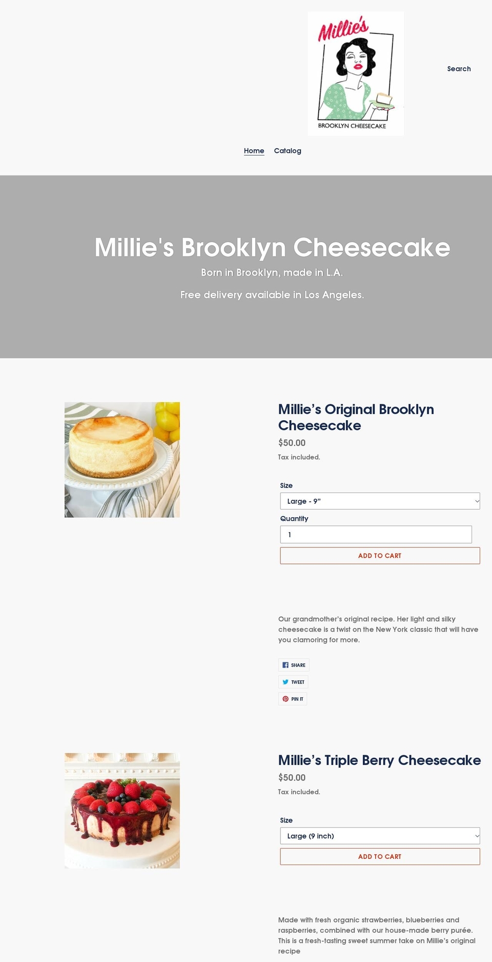 milliesbklyncheesecake.com shopify website screenshot