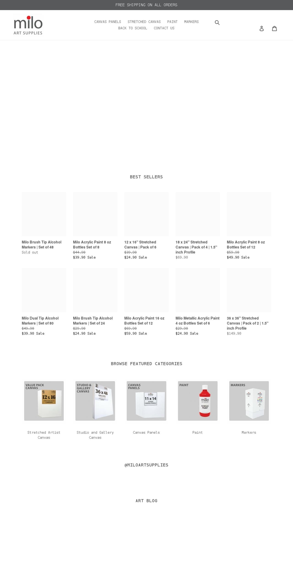 miloartsupplies.com shopify website screenshot
