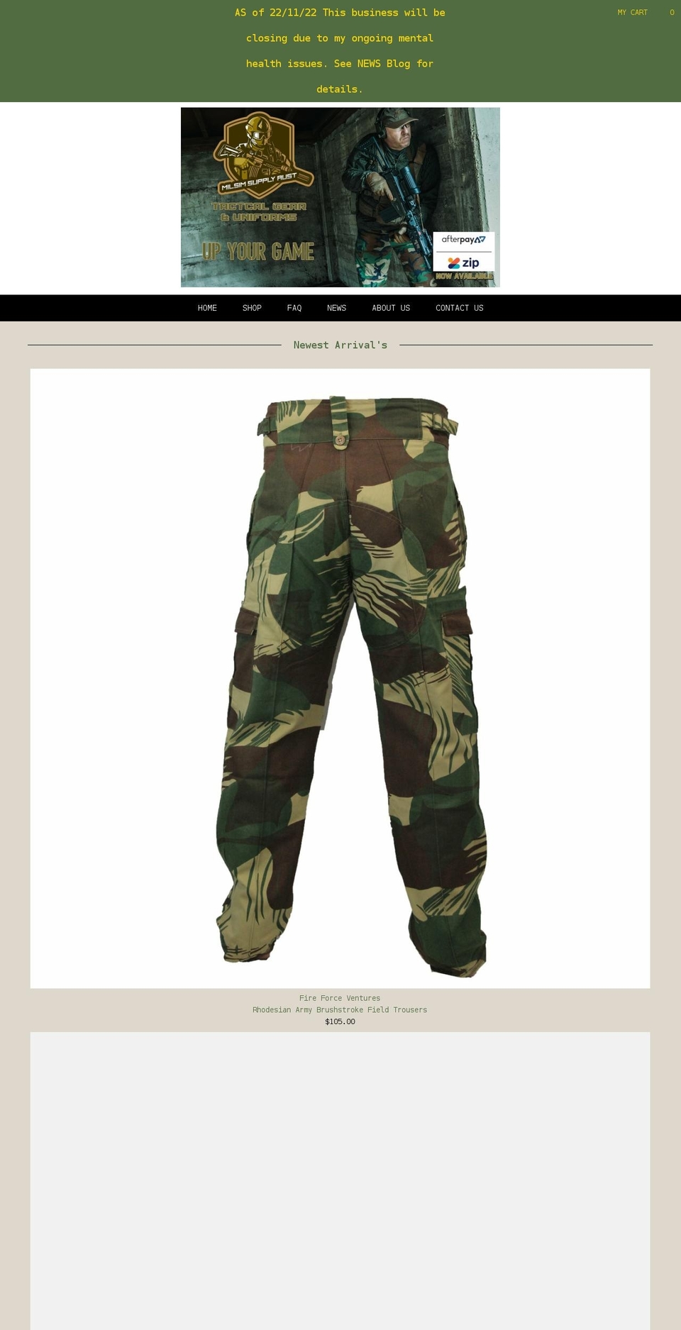 milsimsupplyaustralia.com.au shopify website screenshot