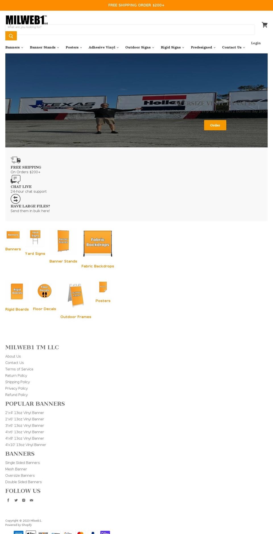 milweb1banners.com — Shopify storefront screenshot