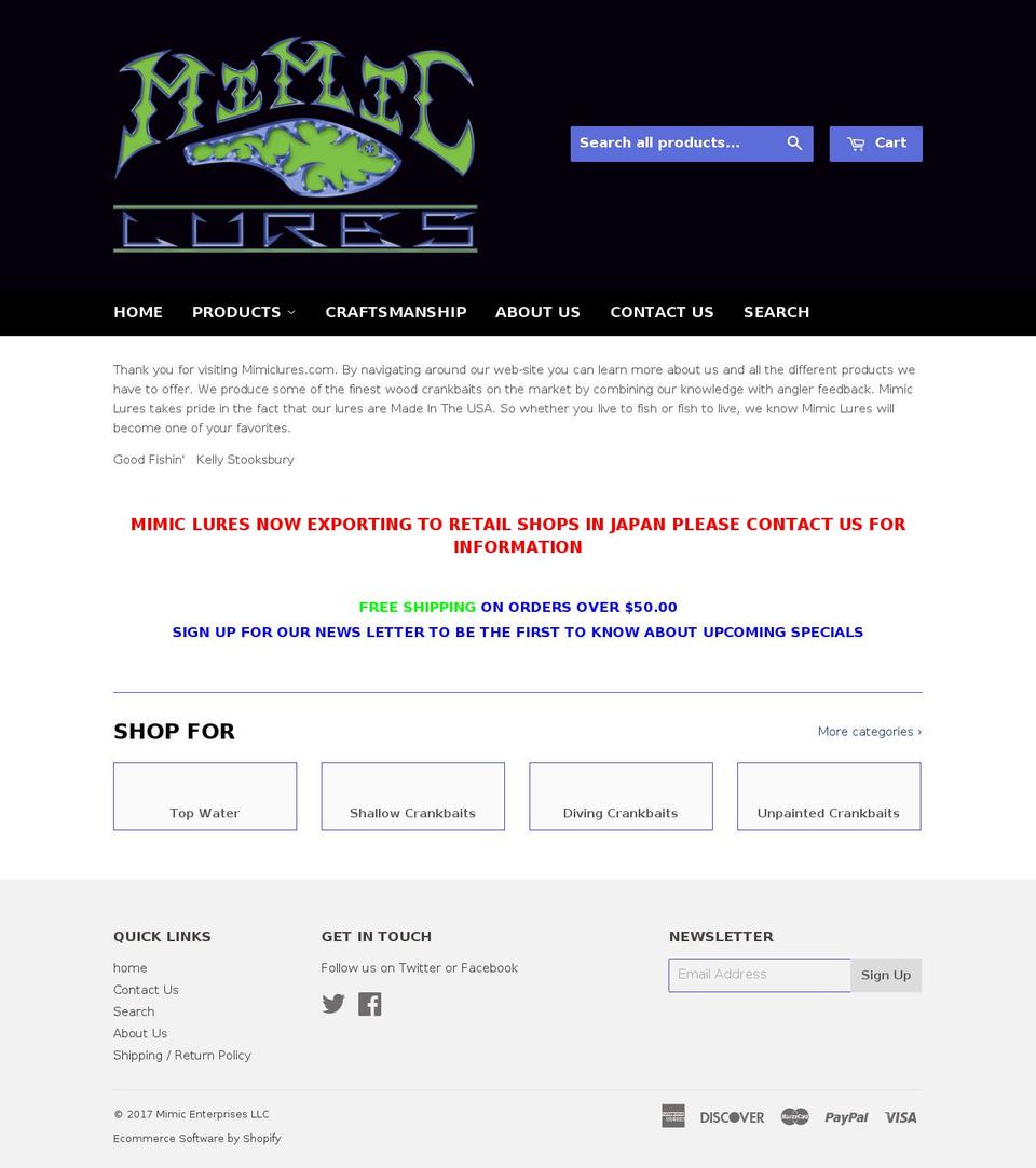mimiclures.com shopify website screenshot