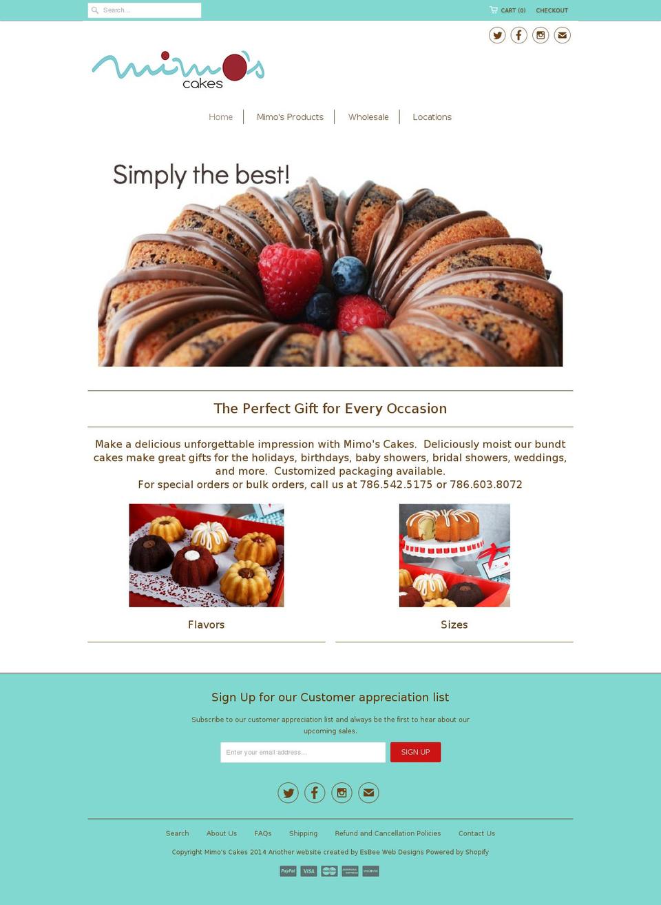 mimoscakes.com shopify website screenshot