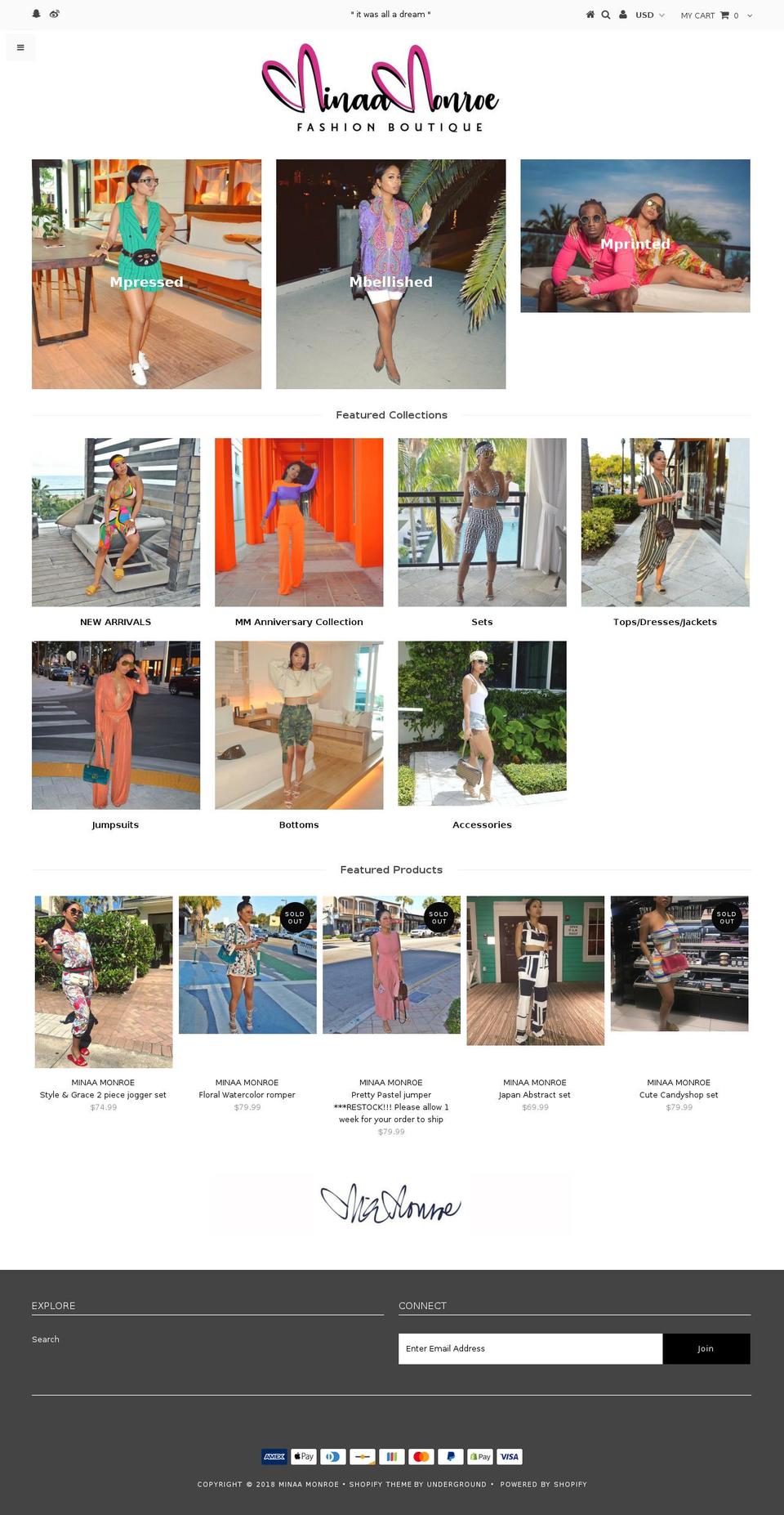 minaamonroe.com — Shopify storefront screenshot