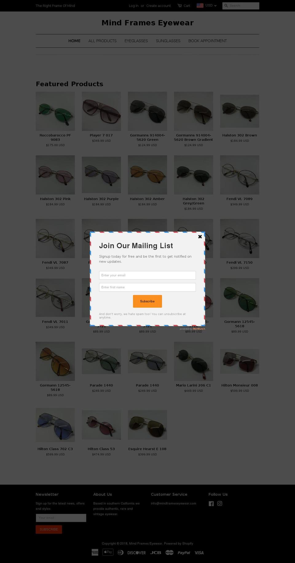mindframeseyewear.com — Shopify storefront screenshot