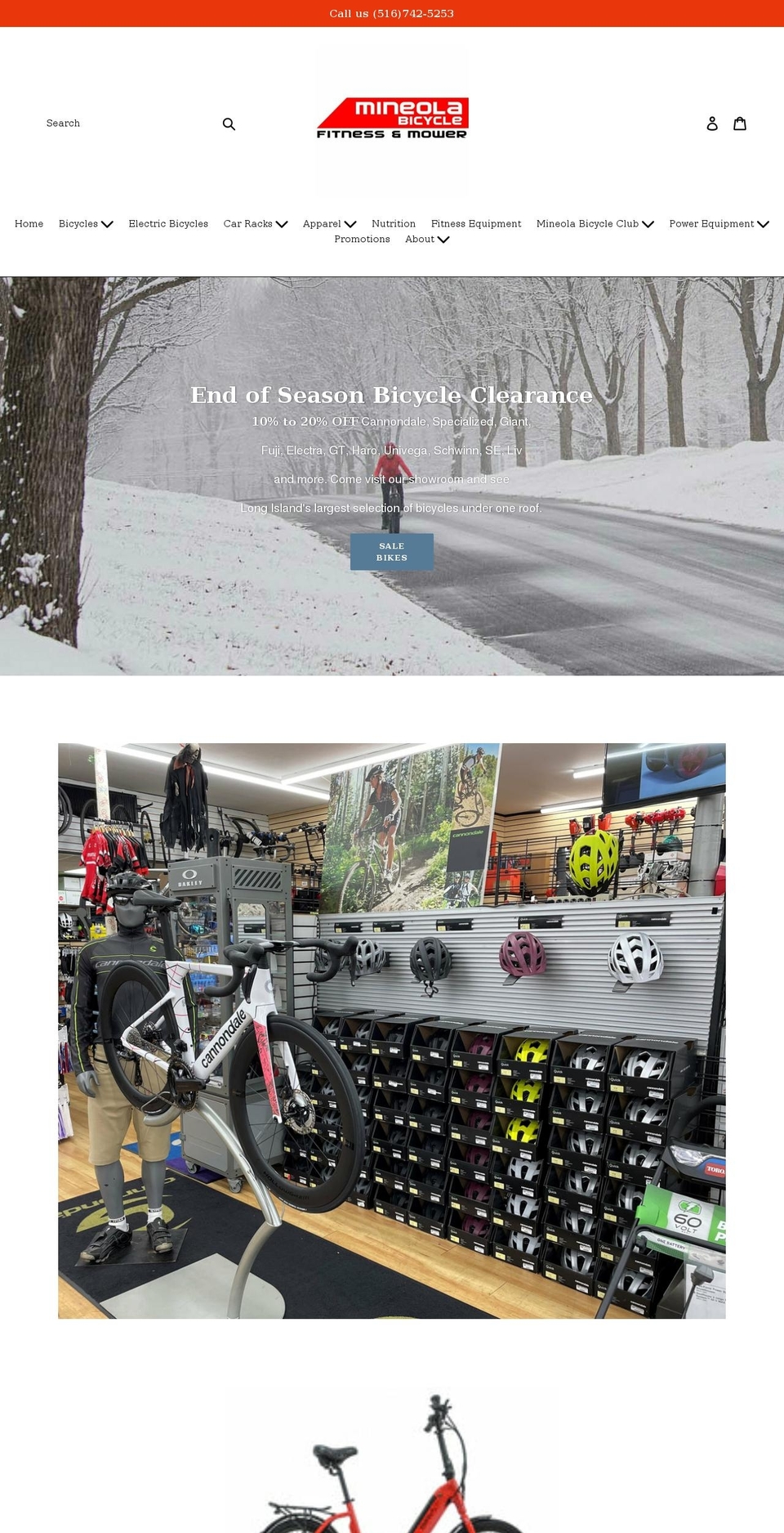 mineolabicycleandpowerequipment.com shopify website screenshot