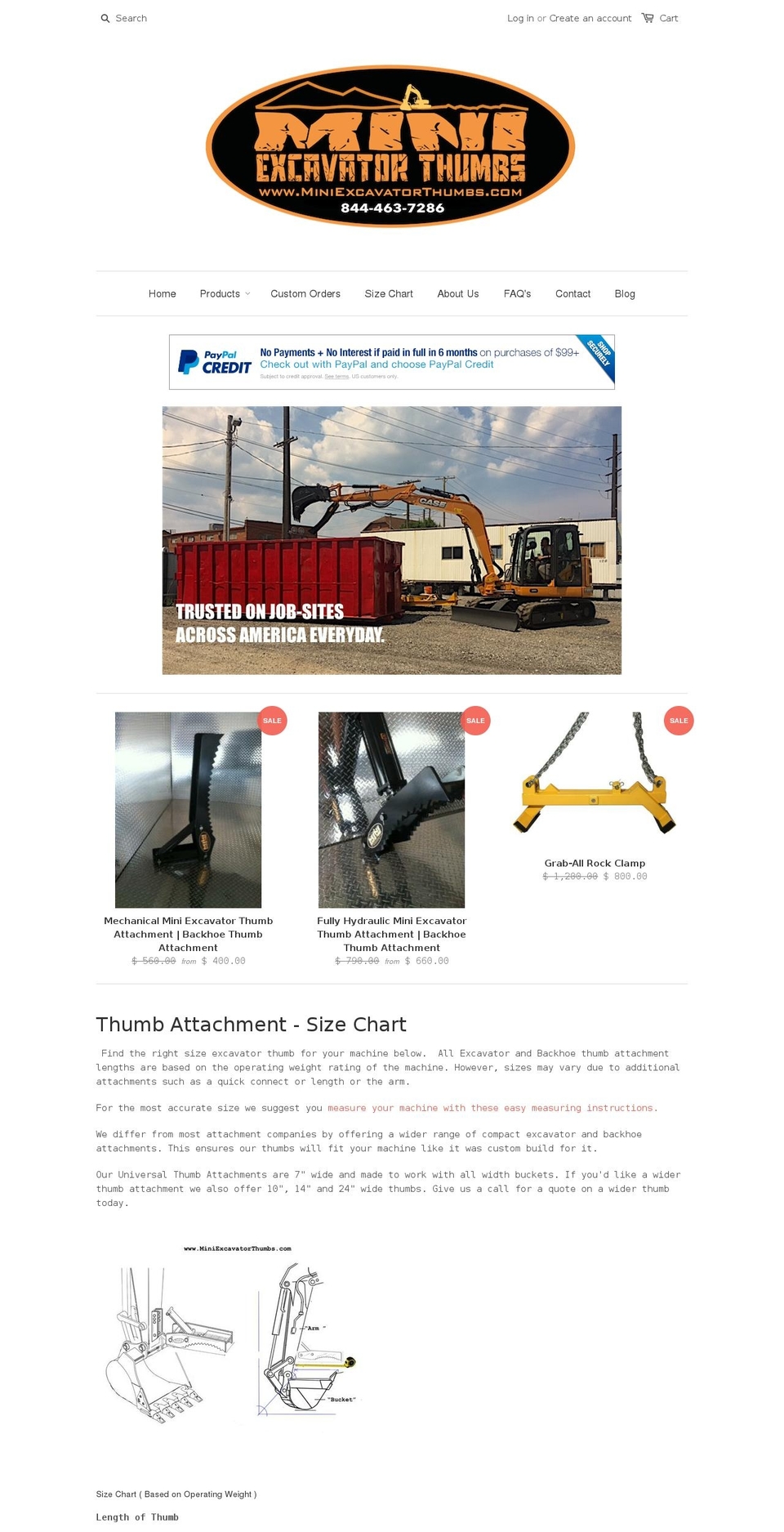 miniexcavatorthumbs.com shopify website screenshot