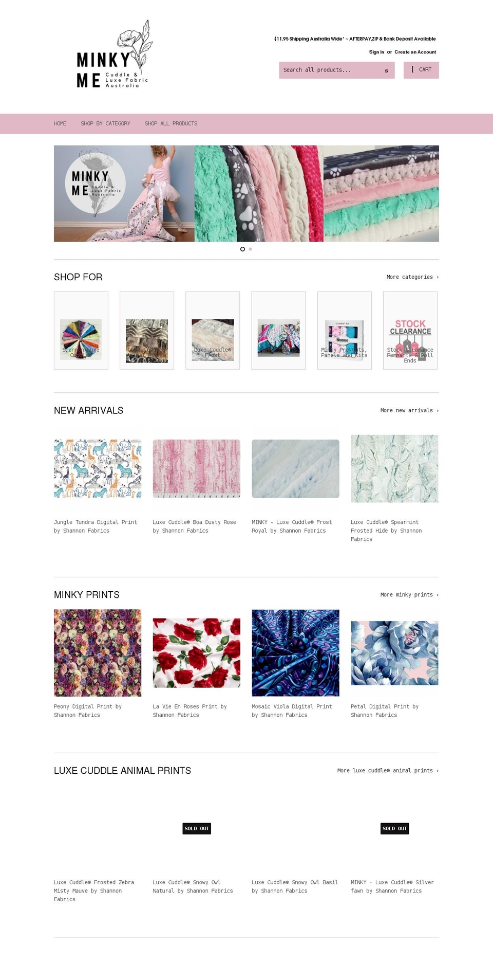 minkymecuddlefabrics.com.au shopify website screenshot