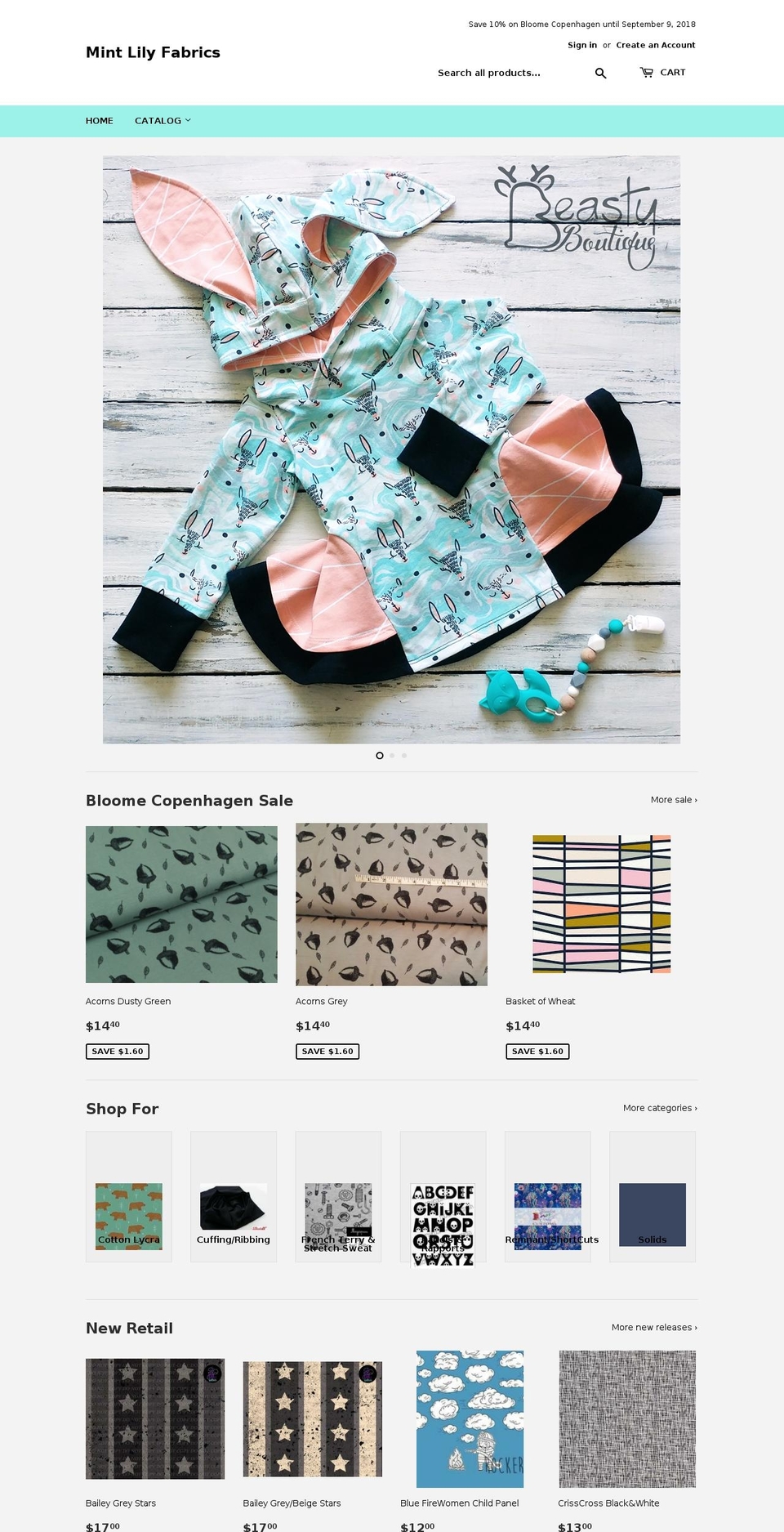 mintlilyfabrics.com — Shopify storefront screenshot