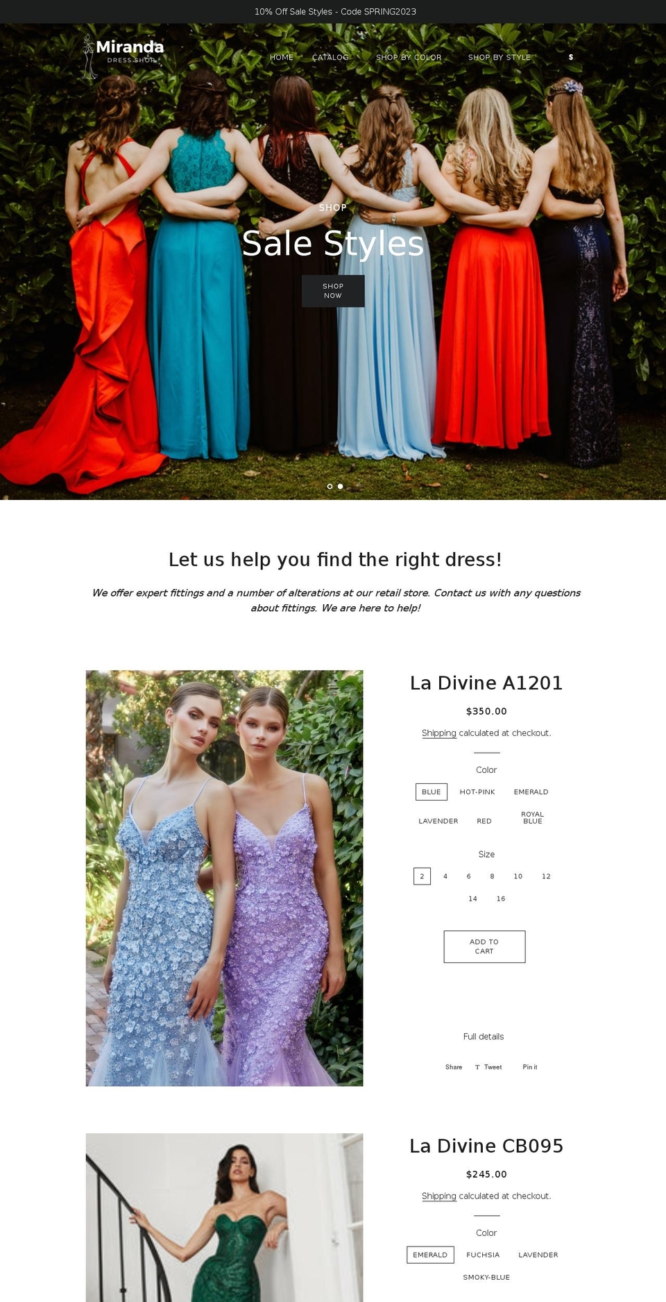 mirandadressshop.com shopify website screenshot