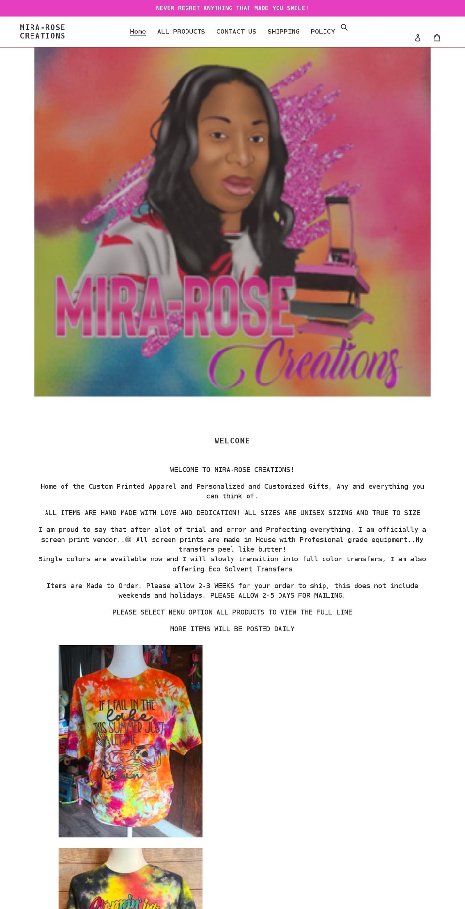 mirarosecreations.com shopify website screenshot