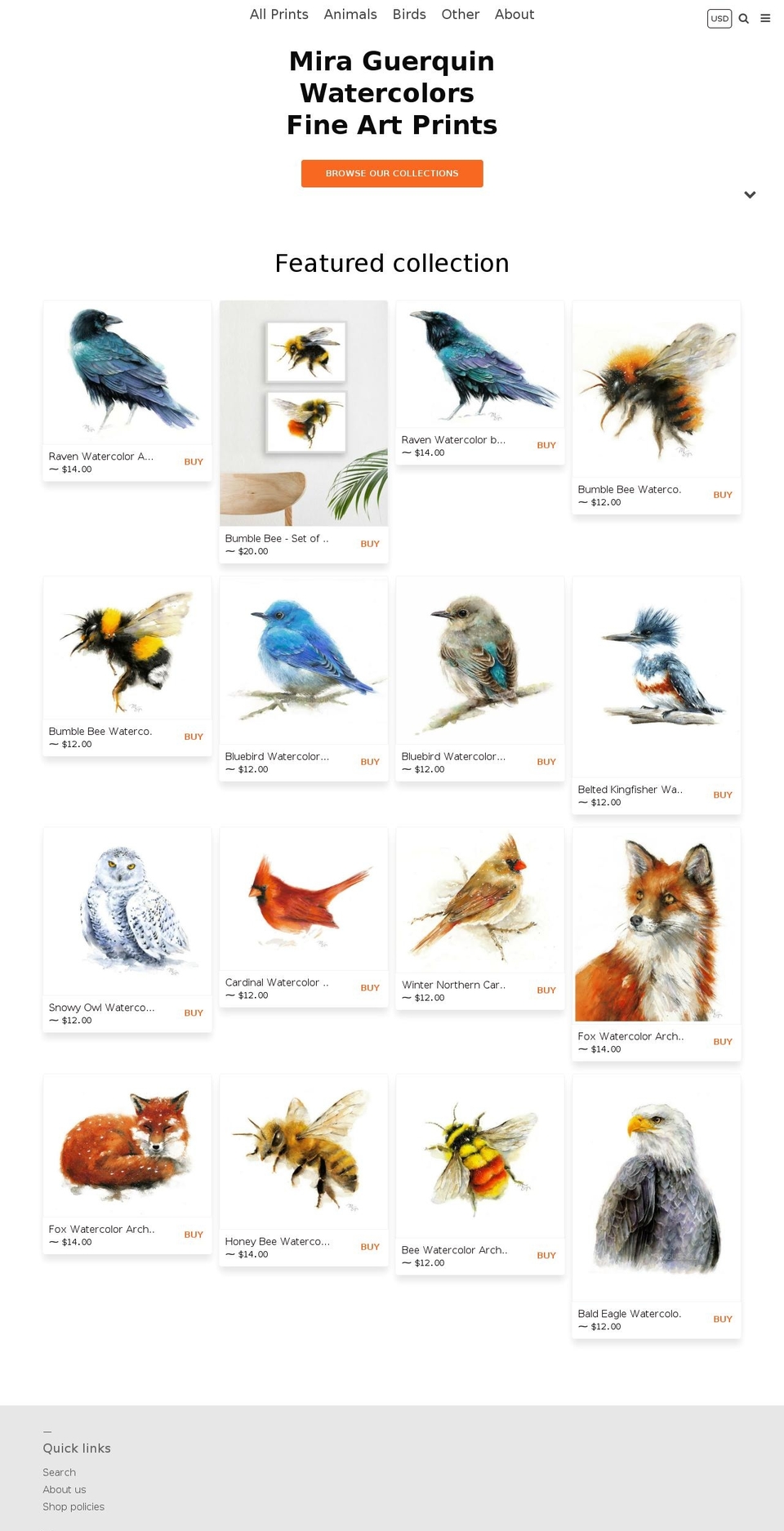 mirawatercolors.com — Shopify storefront screenshot