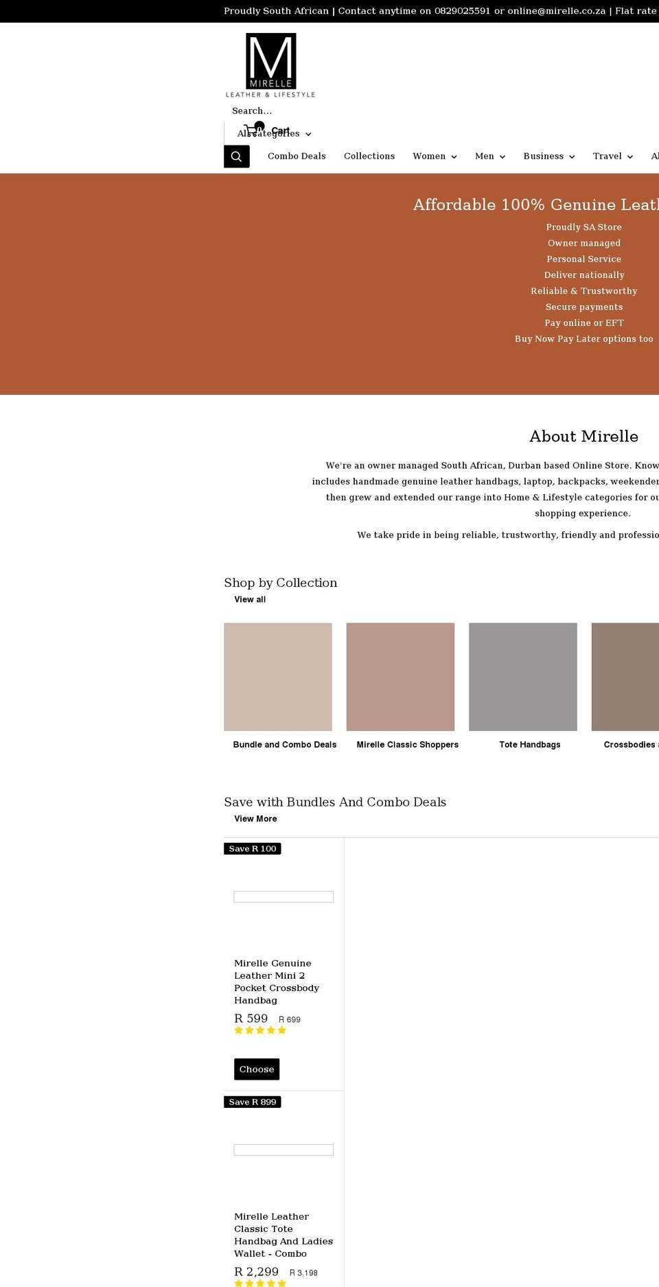 Leather Shopify theme site example mirelle.co.za