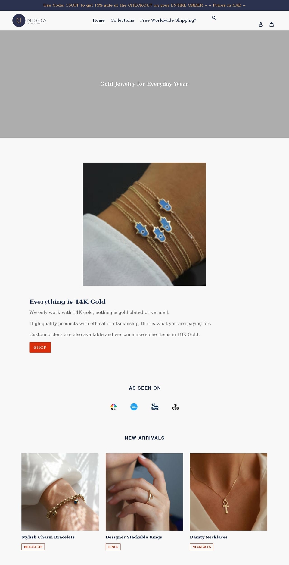 misoajewelry.com shopify website screenshot